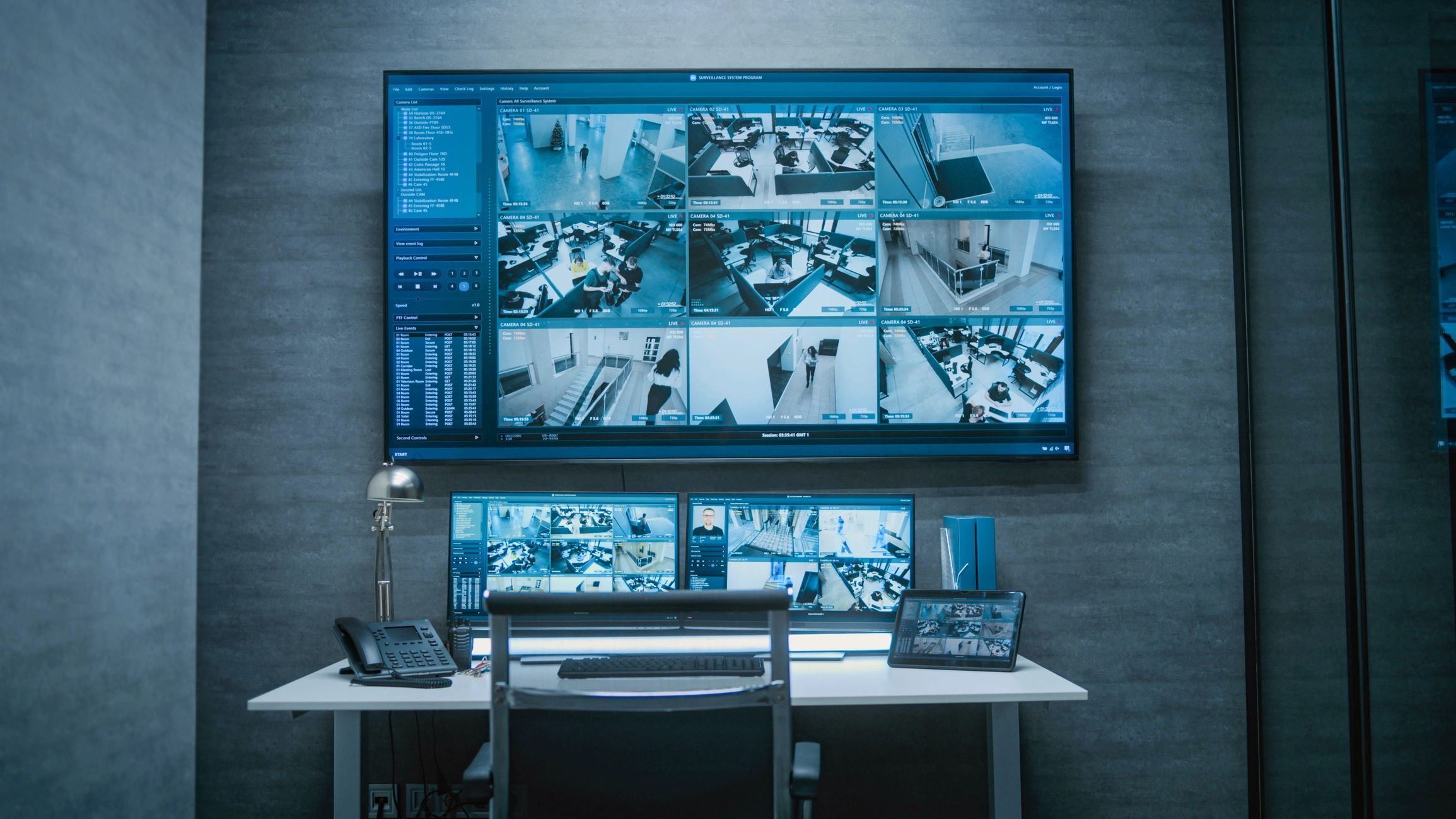 Security monitoring center with multiple surveillance screens